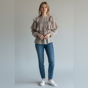 Mirth Silk/Cotton Blend Ruffled Puffed Sleeve Floral Blouse Size Large